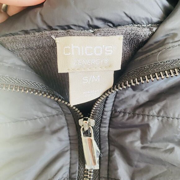 Chicos Zenergy Knit Jacke S-M Brown Espresso Hooded Puffer Trim Short Sleeve Zip - Picture 6 of 8